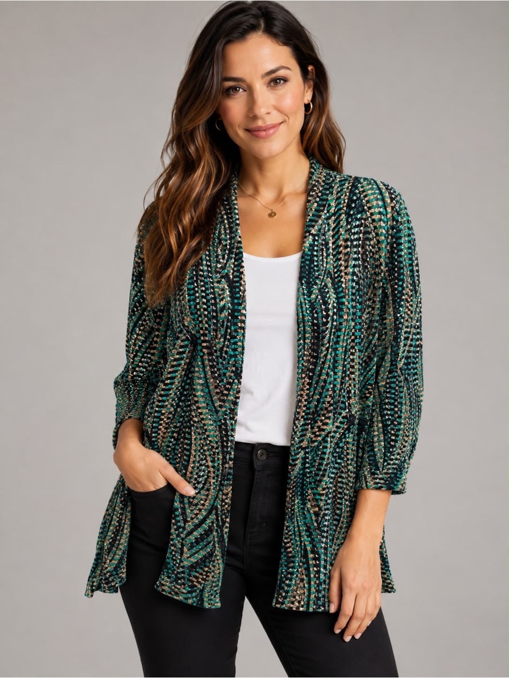 TanJay Goblin Turquoise Black Open Cardigan Duster Sz- Large P Granola Girl